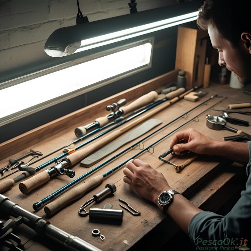 Uomo che fa manutenzione a tutta la sua attrezzatura da pesca disposta su un bancone