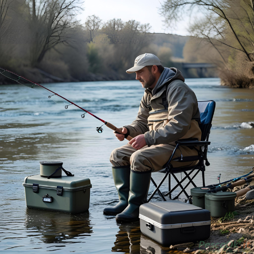 Illustrazione di un pescatore seduto in riva sulla sua sedia con attrezzatura intorno a lui