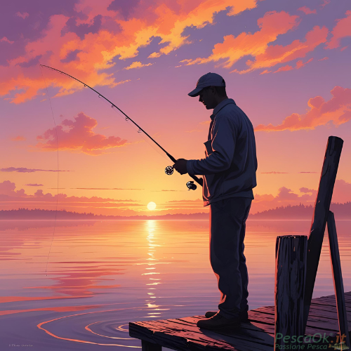 Immagine di un pescatore che pesca su un pontile, il sole sorge all'orizzonte