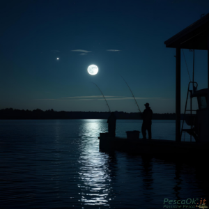 pescatore sul molo durante la sua battuta di pesca notturna con luna piena e stelle