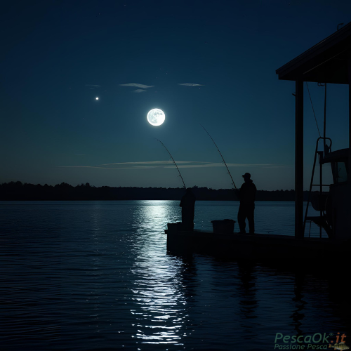 pescatore sul molo durante la sua battuta di pesca notturna con luna piena e stelle