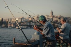 Due persone che stanno pescando in un tratto urbano. Questa pratica è detta Streetfishing-