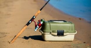 Attrezzi per pescare in vacanza, una valigetta con esche e tutto il necessario e la canna da pesca adatta in riva al mare.